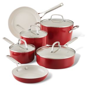 Batería 10pzs, antiadherente cerámico, aluminio anodizado. Rojo Imperio.
