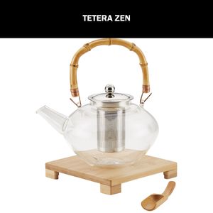 Tetera Zen de vidrio soplado a mano con infusor de acero inoxidable y salvamanteles de bambú, 34 onzas/ 1L. BonJour.