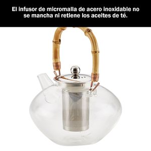 Tetera Zen de vidrio soplado a mano con infusor de acero inoxidable y salvamanteles de bambú, 34 onzas/ 1L. BonJour.