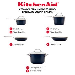 Batería 8Pzs. Aluminio forjado. Antiadherente cerámico.Color Negro. KitchenAid