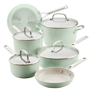 Juego de Ollas 10 pzs, Anodizado Duro, Antiadh cerámico. Inducción. color Pistachio, KitchenAid